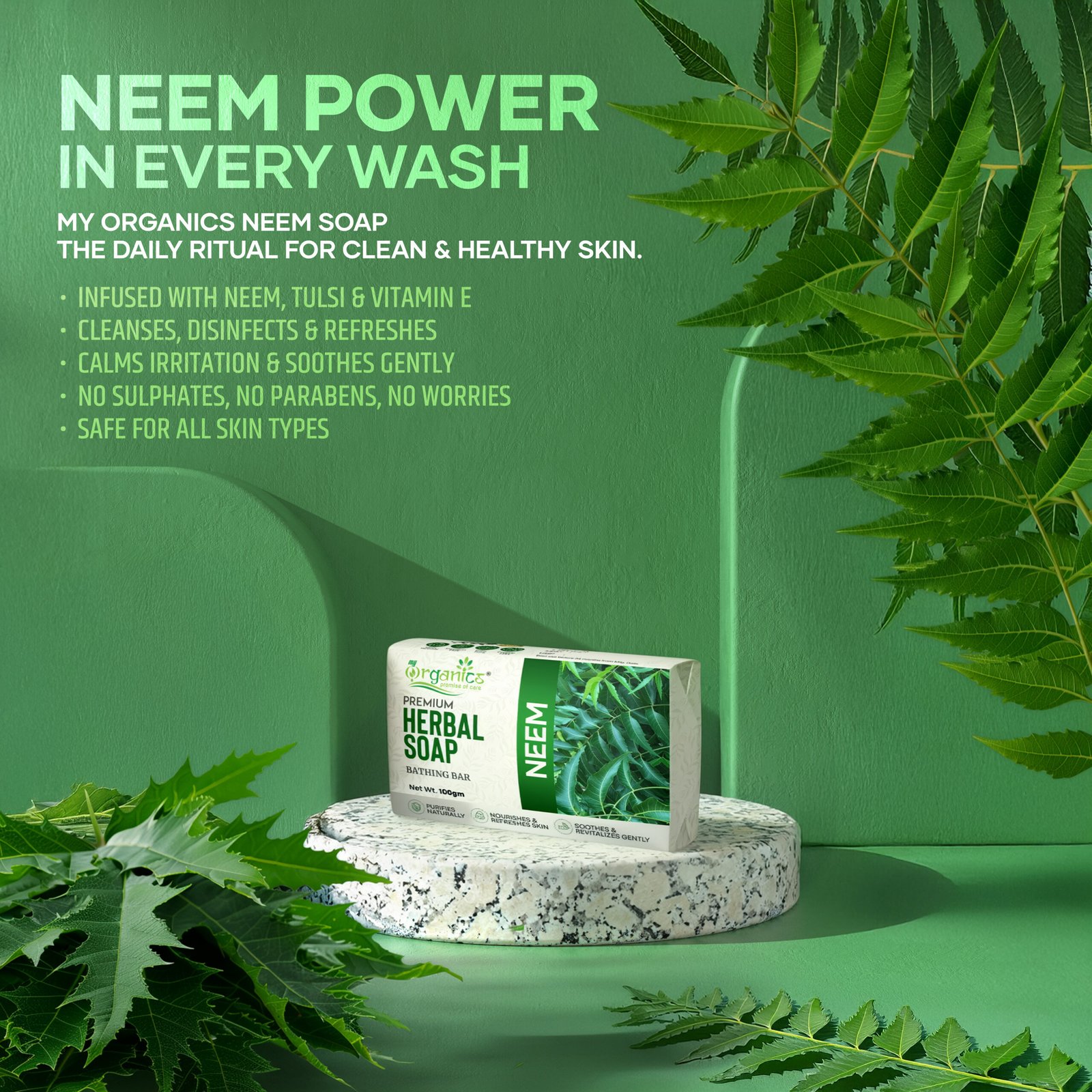 3D Render Display Pedestal, Green Plaster Background